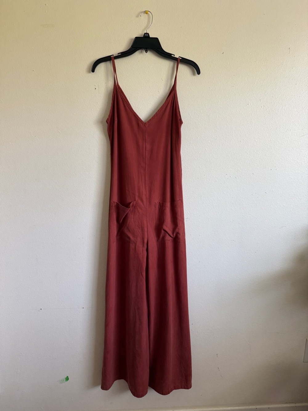 NATIVE YOUTH Rust-Brick Color Spaghetti Strap V-Neck Wide-Leg Jumpsuit